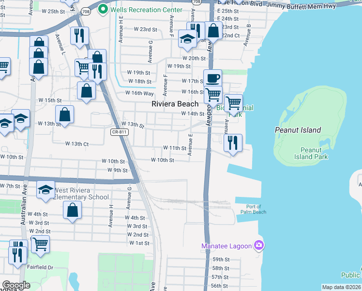 map of restaurants, bars, coffee shops, grocery stores, and more near 156 West 11th Street in Riviera Beach