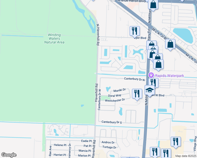 map of restaurants, bars, coffee shops, grocery stores, and more near 321 Canterbury Drive West in Riviera Beach