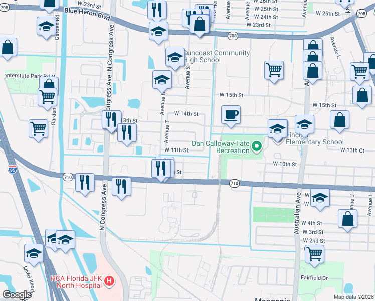 map of restaurants, bars, coffee shops, grocery stores, and more near 1551 West 11th Street in Riviera Beach