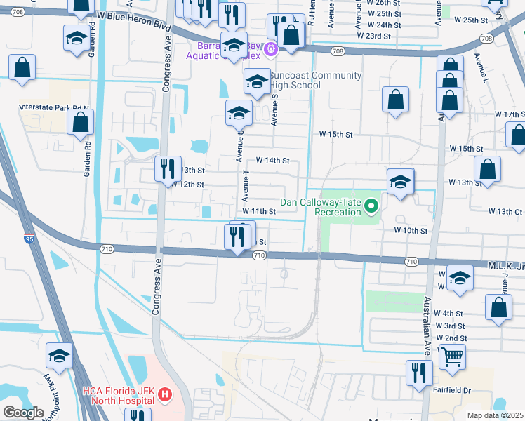 map of restaurants, bars, coffee shops, grocery stores, and more near 1610 West 11th Street in Riviera Beach