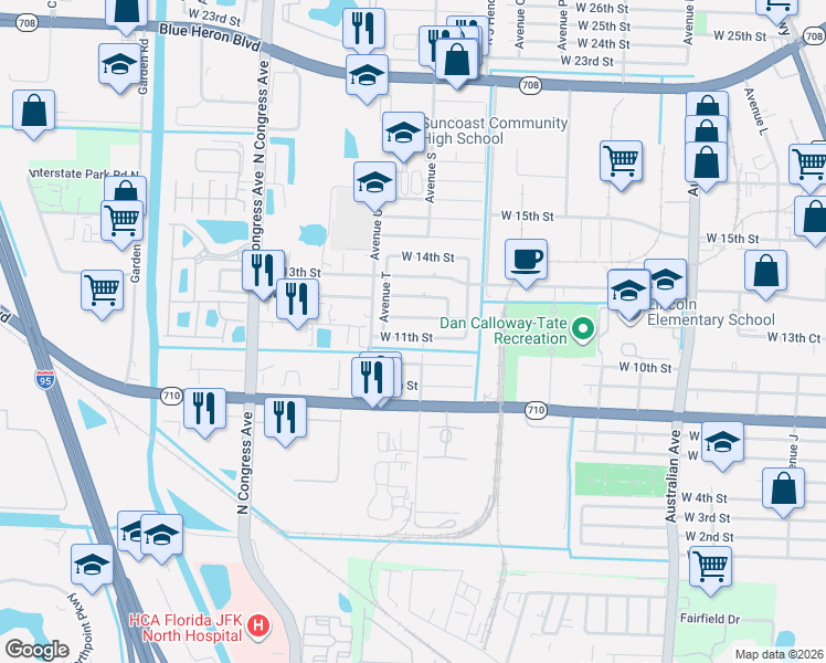 map of restaurants, bars, coffee shops, grocery stores, and more near 1631 West 11th Street in West Palm Beach