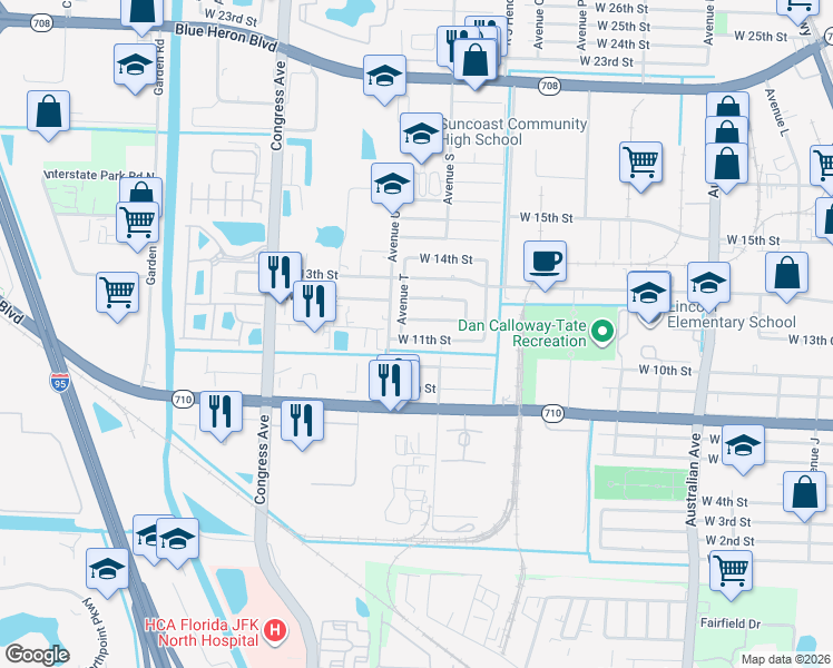 map of restaurants, bars, coffee shops, grocery stores, and more near 1640 West 11th Street in West Palm Beach