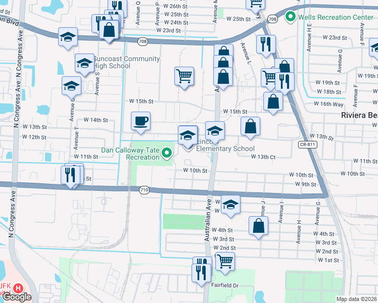map of restaurants, bars, coffee shops, grocery stores, and more near 1160 Avenue North in Riviera Beach