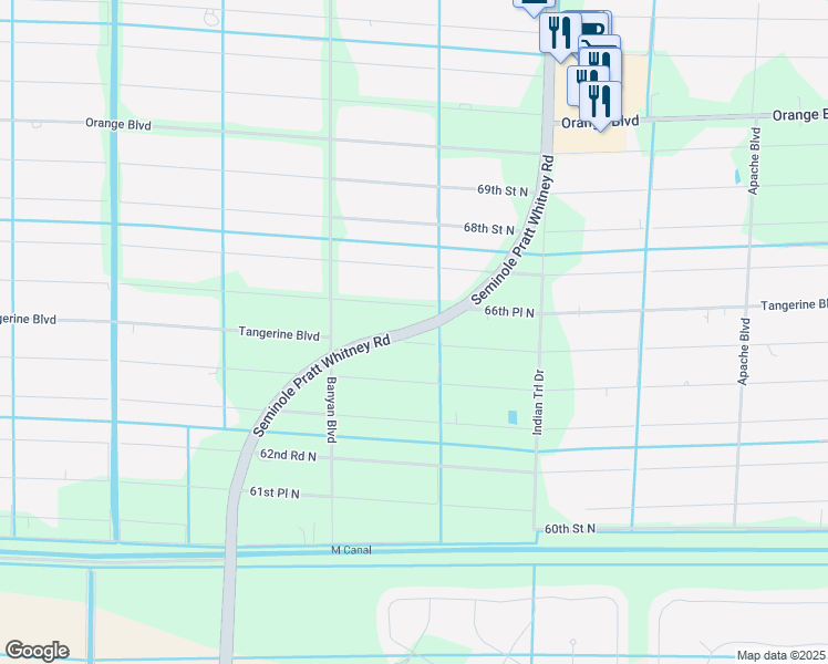map of restaurants, bars, coffee shops, grocery stores, and more near Seminole Pratt Whitney Road in Loxahatchee