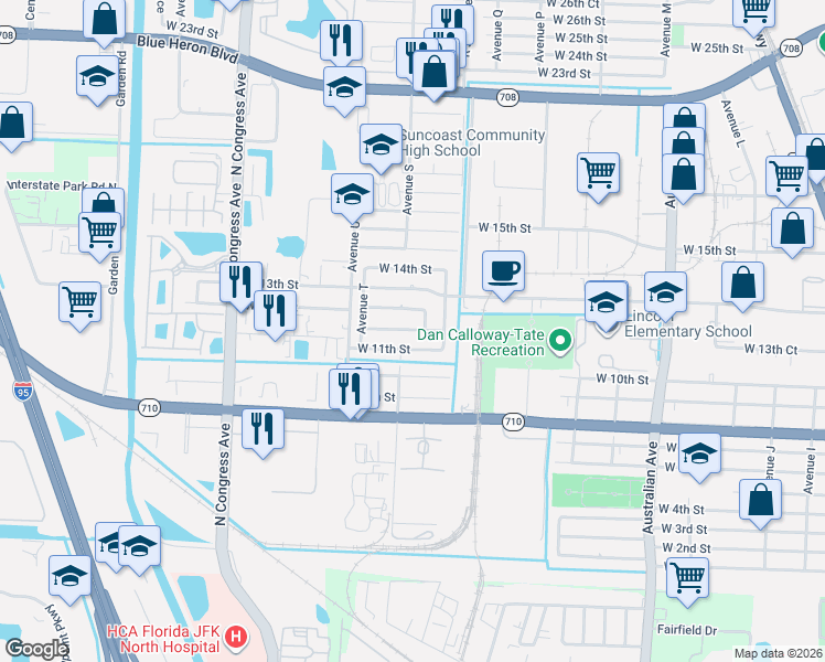 map of restaurants, bars, coffee shops, grocery stores, and more near 1551 West 12th Court in West Palm Beach