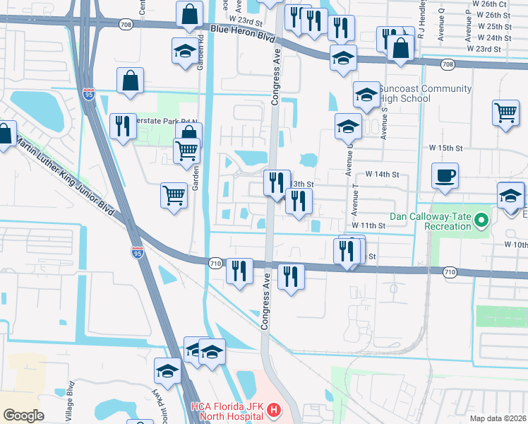 map of restaurants, bars, coffee shops, grocery stores, and more near 1950 Flamingo Place in West Palm Beach