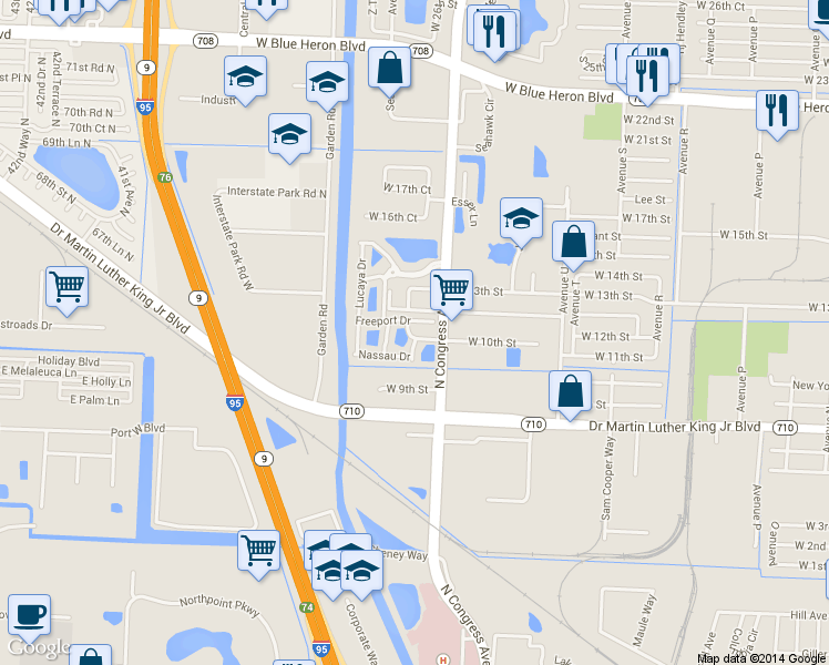 map of restaurants, bars, coffee shops, grocery stores, and more near 2001 West 12th Street in Riviera Beach