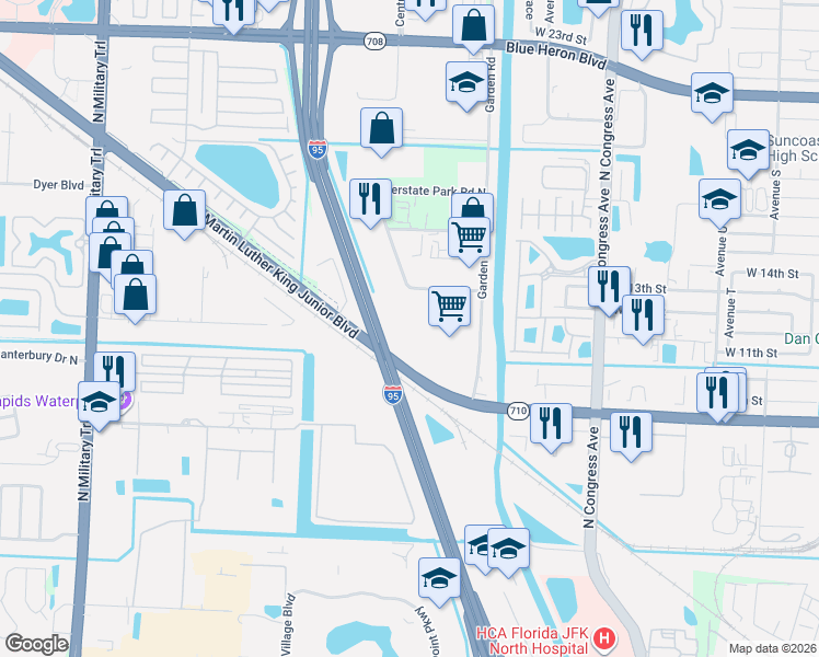 map of restaurants, bars, coffee shops, grocery stores, and more near 6557 Garden Road in Riviera Beach