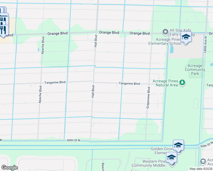 map of restaurants, bars, coffee shops, grocery stores, and more near 14845 Tangerine Boulevard in Loxahatchee