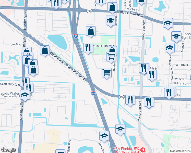 map of restaurants, bars, coffee shops, grocery stores, and more near 6557 Garden Road in Riviera Beach