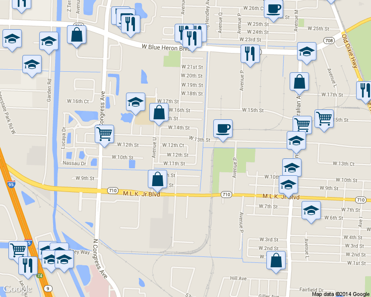 map of restaurants, bars, coffee shops, grocery stores, and more near 1551 West 12th Court in West Palm Beach