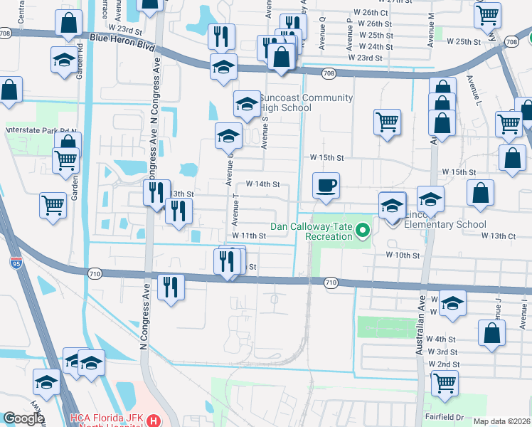 map of restaurants, bars, coffee shops, grocery stores, and more near 1551 West 12th Court in West Palm Beach
