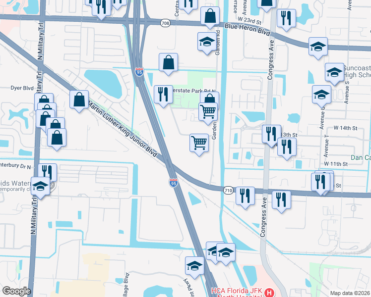 map of restaurants, bars, coffee shops, grocery stores, and more near 6557 Garden Road in Riviera Beach