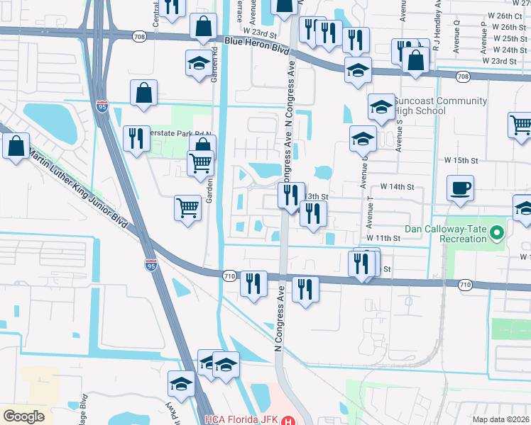 map of restaurants, bars, coffee shops, grocery stores, and more near 2001 West 12th Street in Riviera Beach