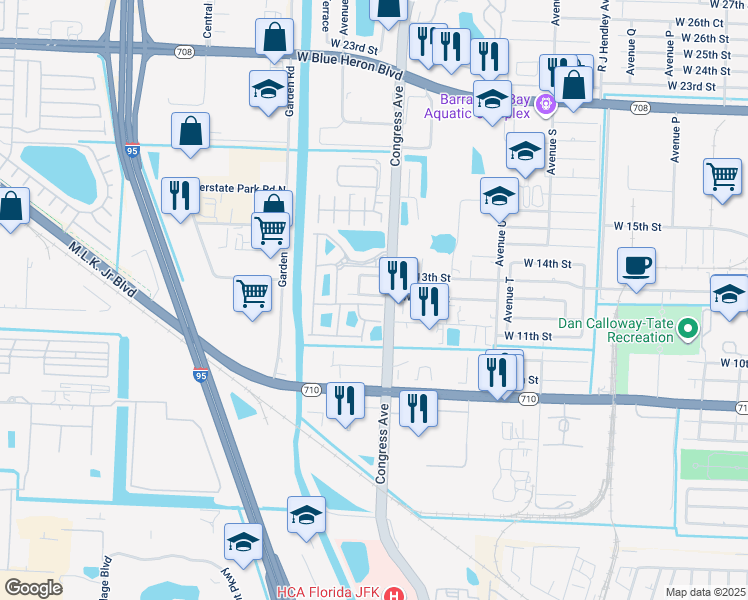 map of restaurants, bars, coffee shops, grocery stores, and more near 1943 Freeport Drive in Riviera Beach