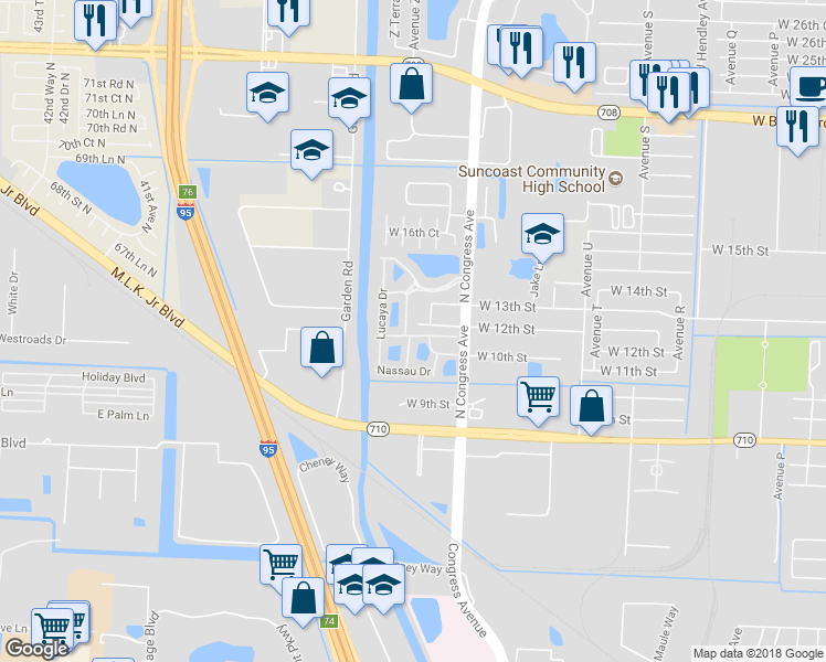 map of restaurants, bars, coffee shops, grocery stores, and more near 2001 West 12th Street in Riviera Beach