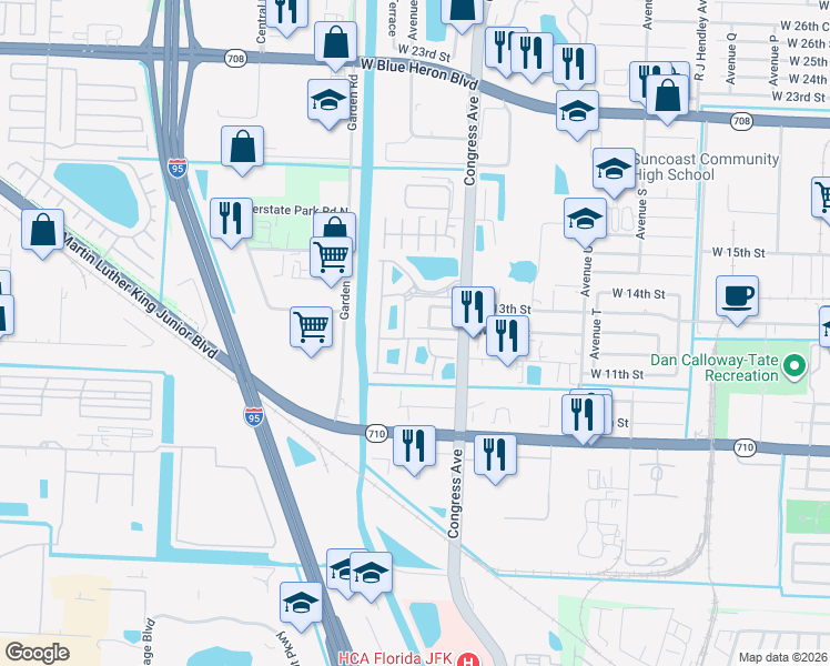 map of restaurants, bars, coffee shops, grocery stores, and more near 2001 West 12th Street in Riviera Beach