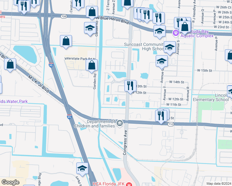 map of restaurants, bars, coffee shops, grocery stores, and more near 2001 West 12th Street in Riviera Beach