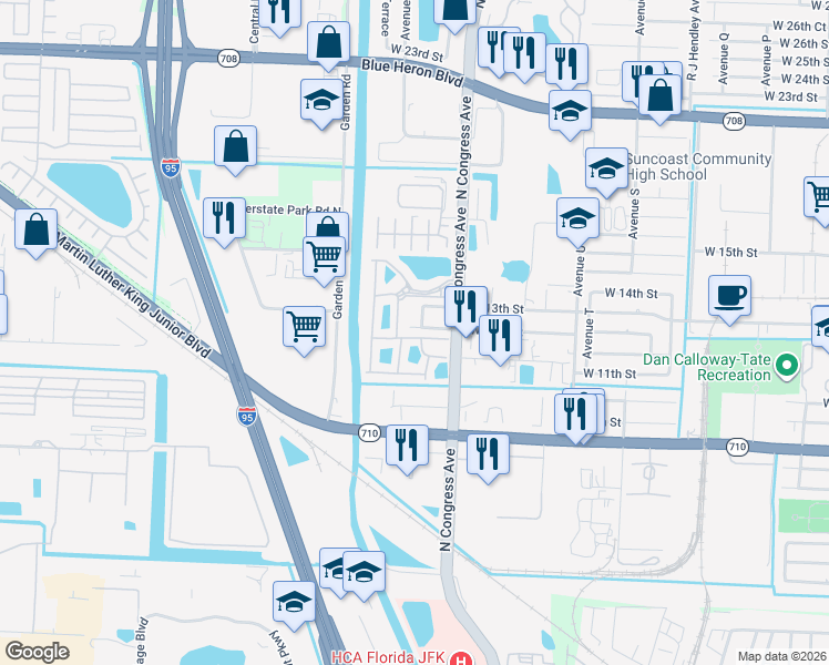 map of restaurants, bars, coffee shops, grocery stores, and more near 2001 West 12th Street in Riviera Beach