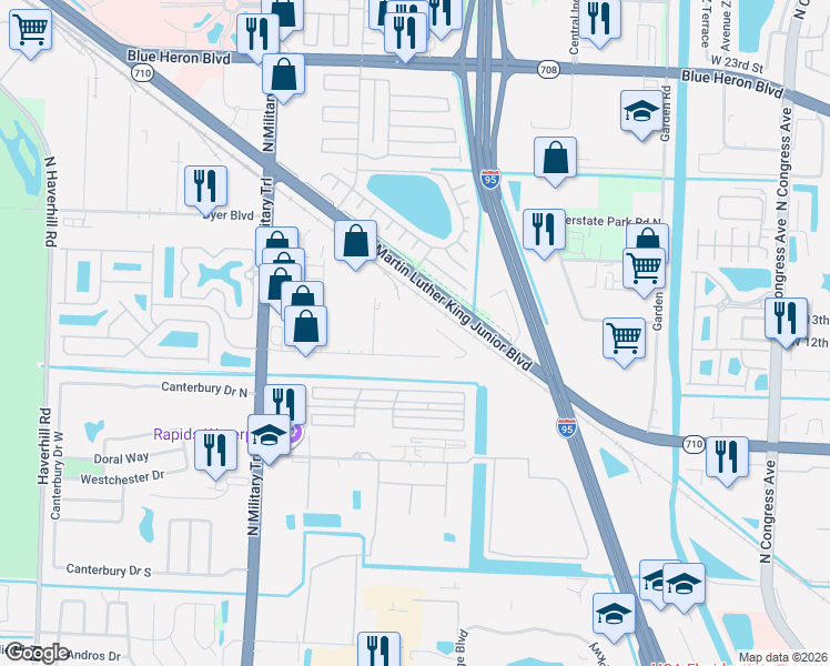 map of restaurants, bars, coffee shops, grocery stores, and more near 207 Westroads Drive in Riviera Beach