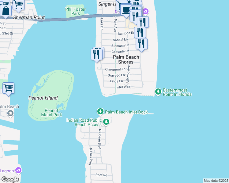 map of restaurants, bars, coffee shops, grocery stores, and more near 300 Inlet Way in West Palm Beach