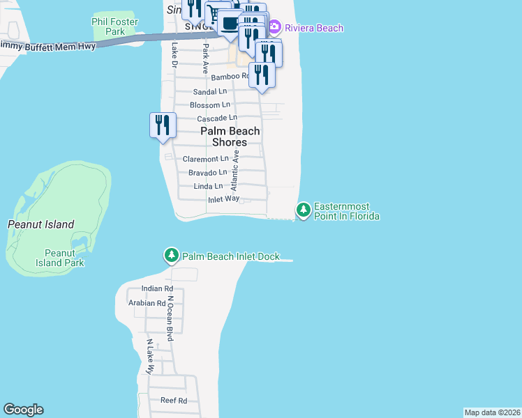 map of restaurants, bars, coffee shops, grocery stores, and more near 106 Inlet Way in Palm Beach Shores