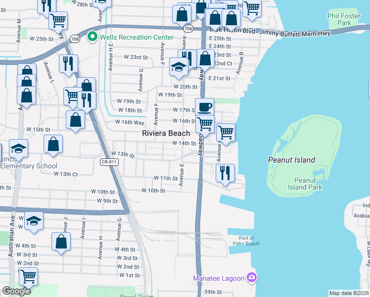 map of restaurants, bars, coffee shops, grocery stores, and more near 1344 Avenue East in West Palm Beach