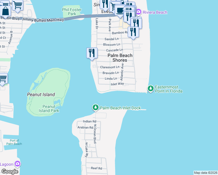map of restaurants, bars, coffee shops, grocery stores, and more near 300 Inlet Way in West Palm Beach