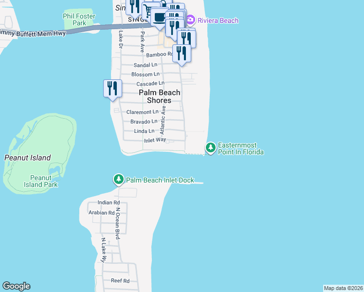 map of restaurants, bars, coffee shops, grocery stores, and more near 110 Inlet Way in Palm Beach Shores