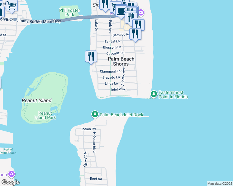 map of restaurants, bars, coffee shops, grocery stores, and more near 150 Inlet Way in West Palm Beach