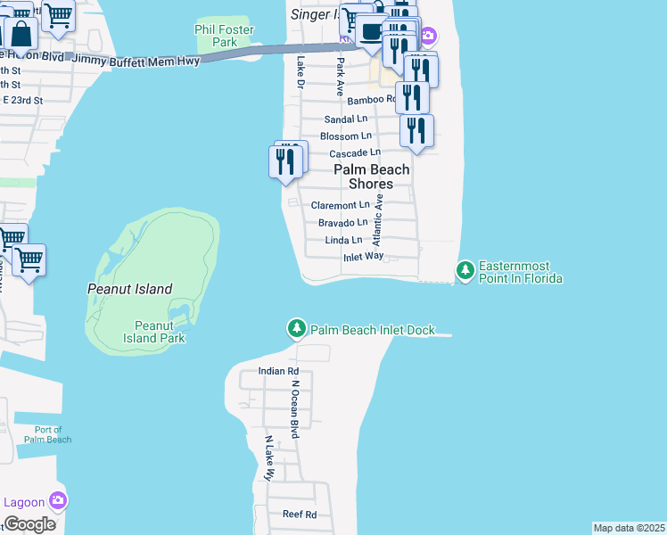 map of restaurants, bars, coffee shops, grocery stores, and more near 300 Inlet Way in West Palm Beach