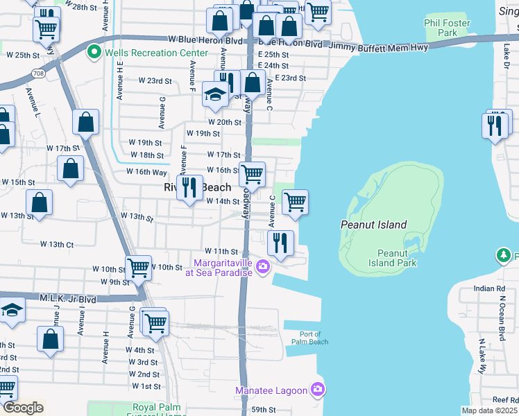 map of restaurants, bars, coffee shops, grocery stores, and more near in Riviera Beach
