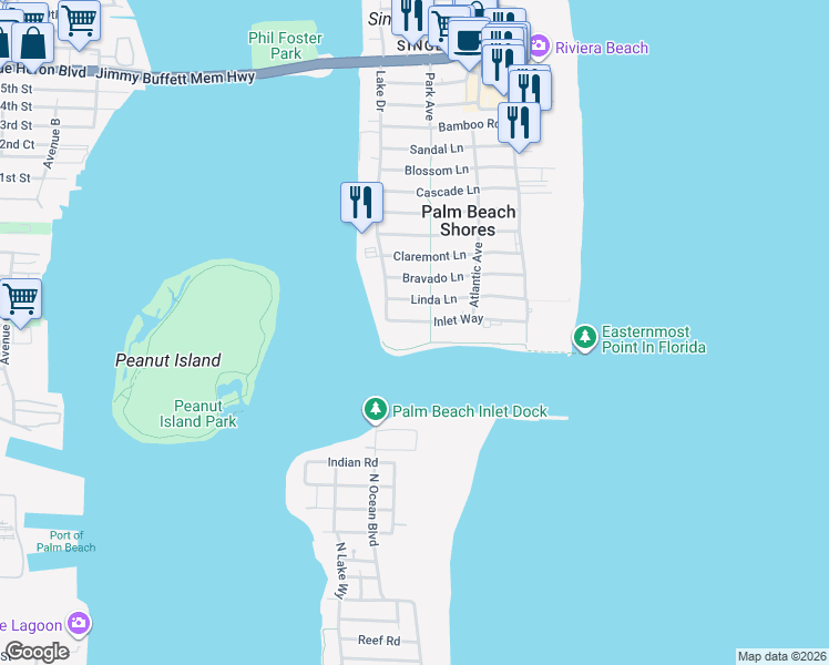 map of restaurants, bars, coffee shops, grocery stores, and more near 314 Inlet Way in Palm Beach Shores