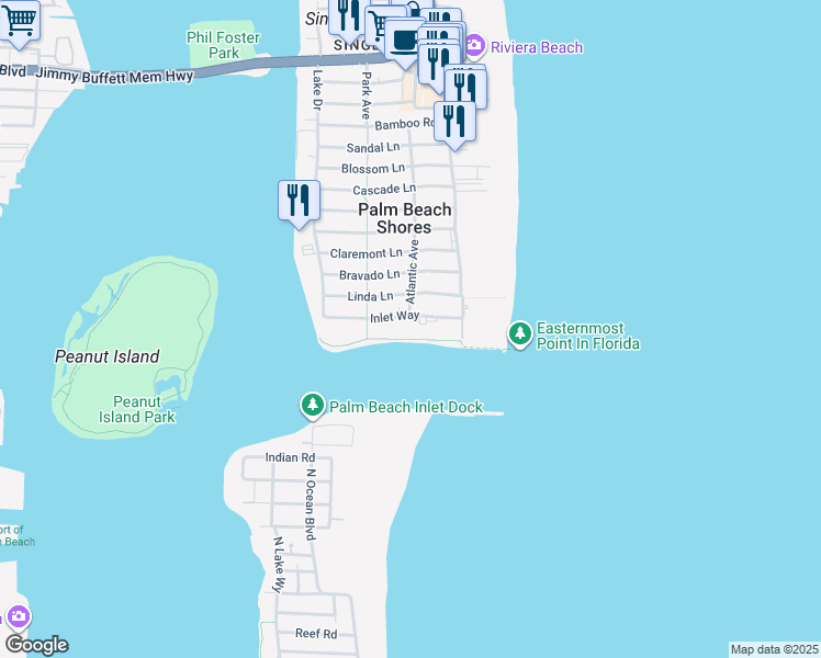map of restaurants, bars, coffee shops, grocery stores, and more near 150 Inlet Way in West Palm Beach