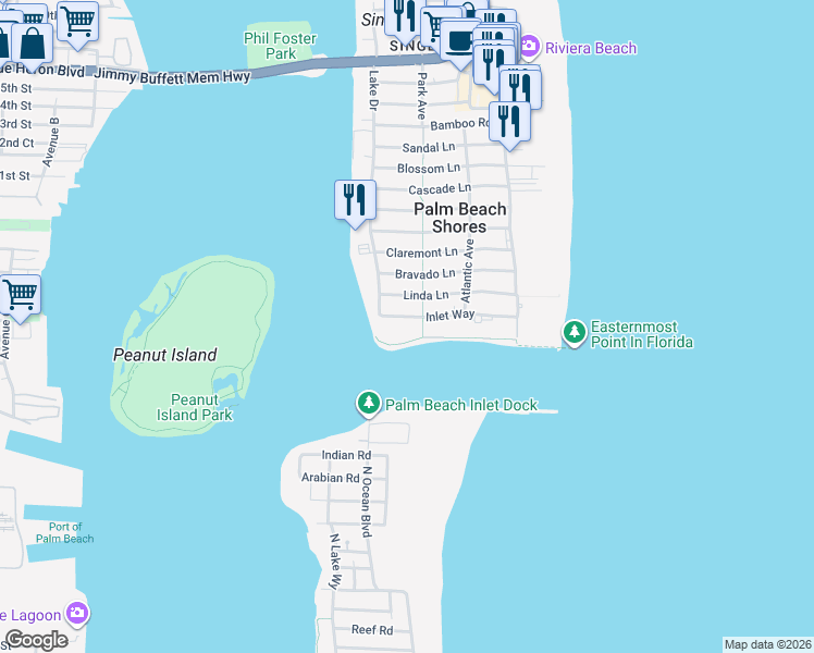 map of restaurants, bars, coffee shops, grocery stores, and more near 237 Inlet Way in West Palm Beach