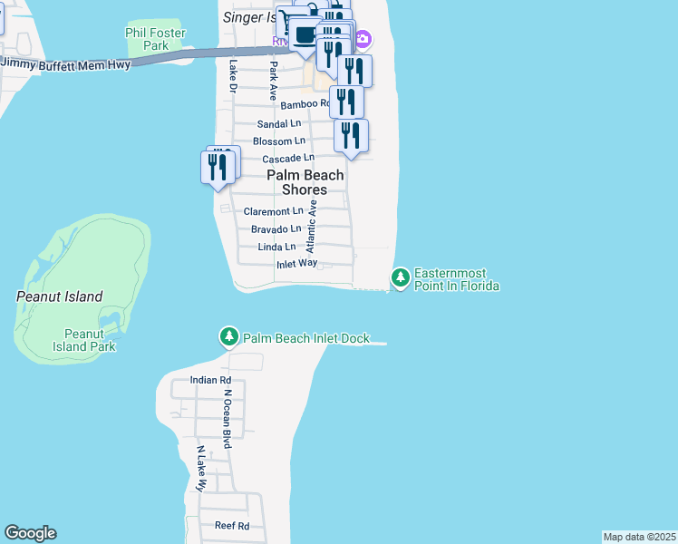 map of restaurants, bars, coffee shops, grocery stores, and more near 115 Inlet Way in Palm Beach Shores