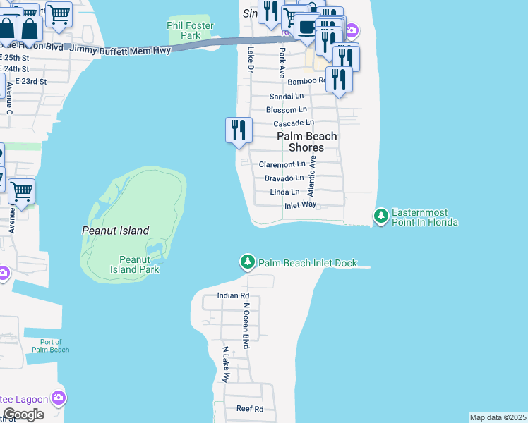 map of restaurants, bars, coffee shops, grocery stores, and more near 336 Linda Lane in Riviera Beach