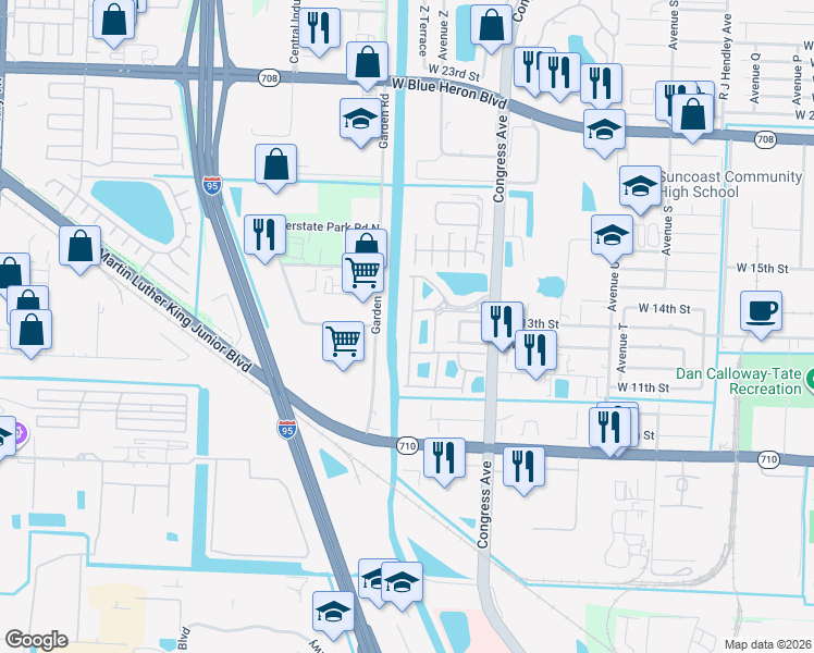map of restaurants, bars, coffee shops, grocery stores, and more near 1221 Lucaya Drive in Riviera Beach