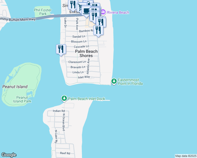 map of restaurants, bars, coffee shops, grocery stores, and more near 115 Inlet Way in Palm Beach Shores