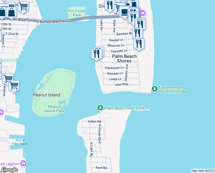 map of restaurants, bars, coffee shops, grocery stores, and more near 336 Linda Lane in Riviera Beach