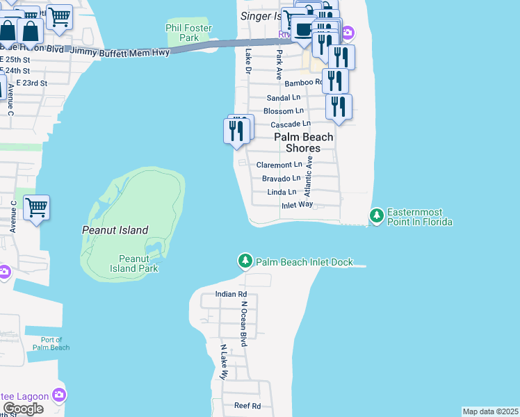 map of restaurants, bars, coffee shops, grocery stores, and more near 336 Linda Lane in Riviera Beach