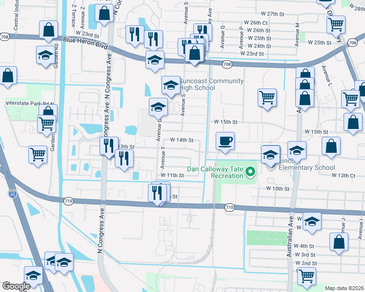 map of restaurants, bars, coffee shops, grocery stores, and more near 1550 West 14th Street in West Palm Beach