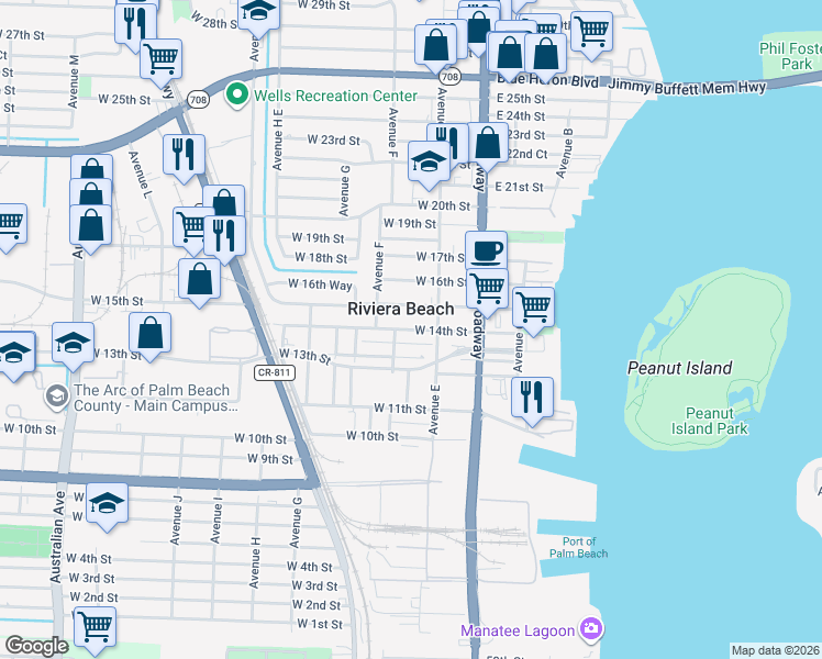 map of restaurants, bars, coffee shops, grocery stores, and more near in Riviera Beach