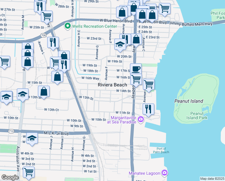map of restaurants, bars, coffee shops, grocery stores, and more near in Riviera Beach