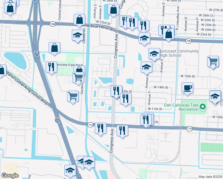 map of restaurants, bars, coffee shops, grocery stores, and more near 1925 Marsh Harbor Drive in Riviera Beach
