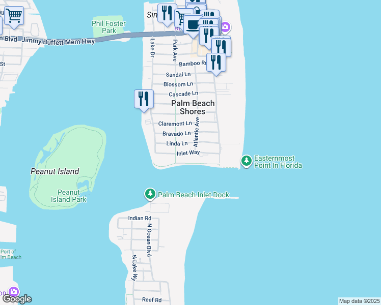 map of restaurants, bars, coffee shops, grocery stores, and more near 12 Atlantic Avenue in Palm Beach Shores