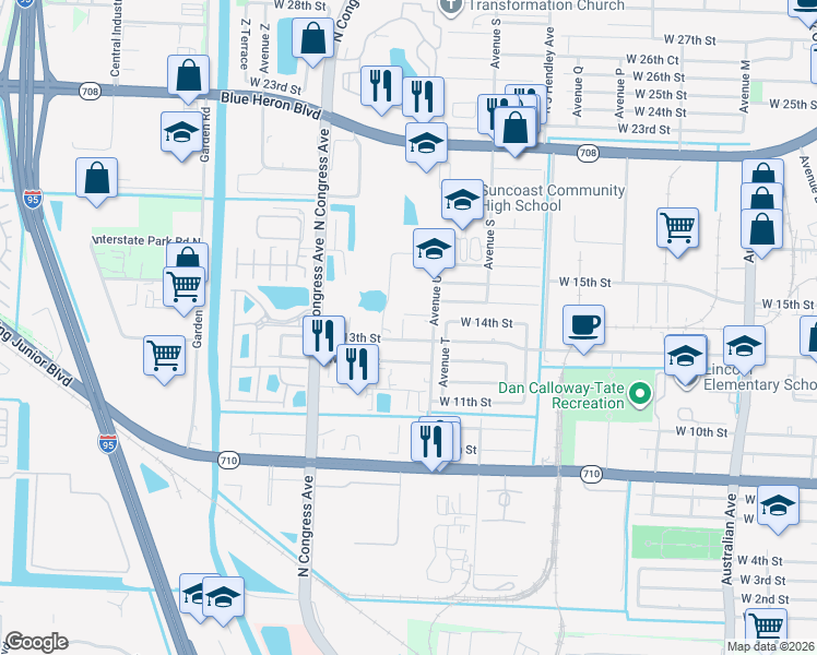 map of restaurants, bars, coffee shops, grocery stores, and more near 1311 Avenue U in Riviera Beach