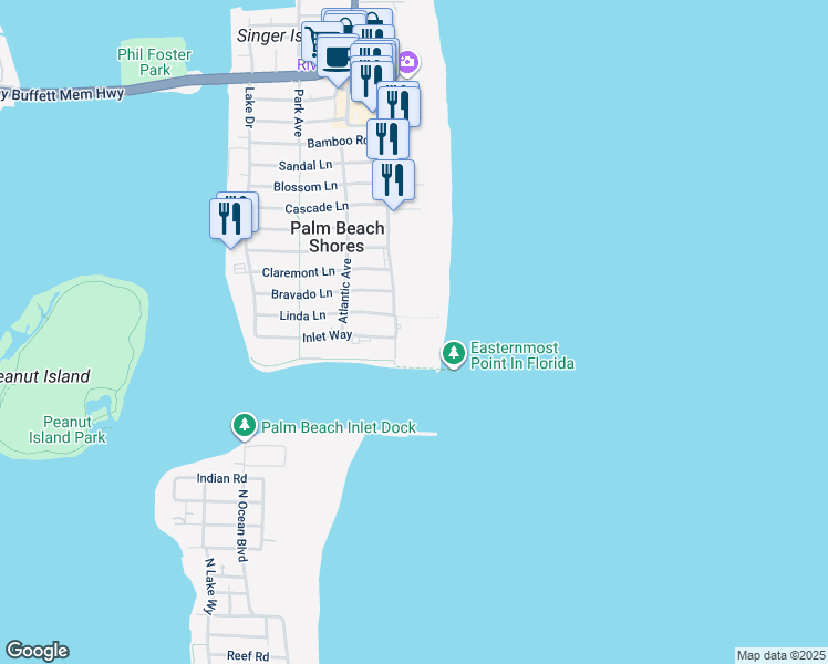 map of restaurants, bars, coffee shops, grocery stores, and more near 33 South Ocean Avenue in Palm Beach Shores