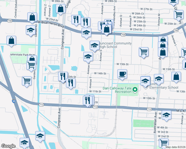 map of restaurants, bars, coffee shops, grocery stores, and more near 1641 West 14th Street in West Palm Beach