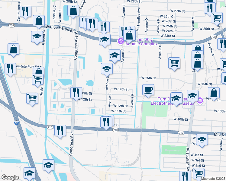 map of restaurants, bars, coffee shops, grocery stores, and more near 1641 West 14th Street in West Palm Beach